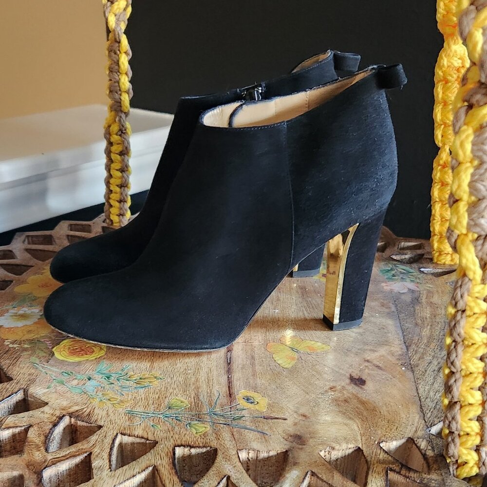 Kate Spade Suede Bootie in Black w/Side Zip and Gold Heel Accent - Picture 3 of 9